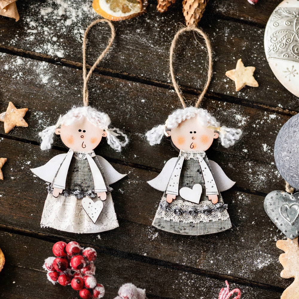 Wooden Christmas Ornaments - 2 grey angels